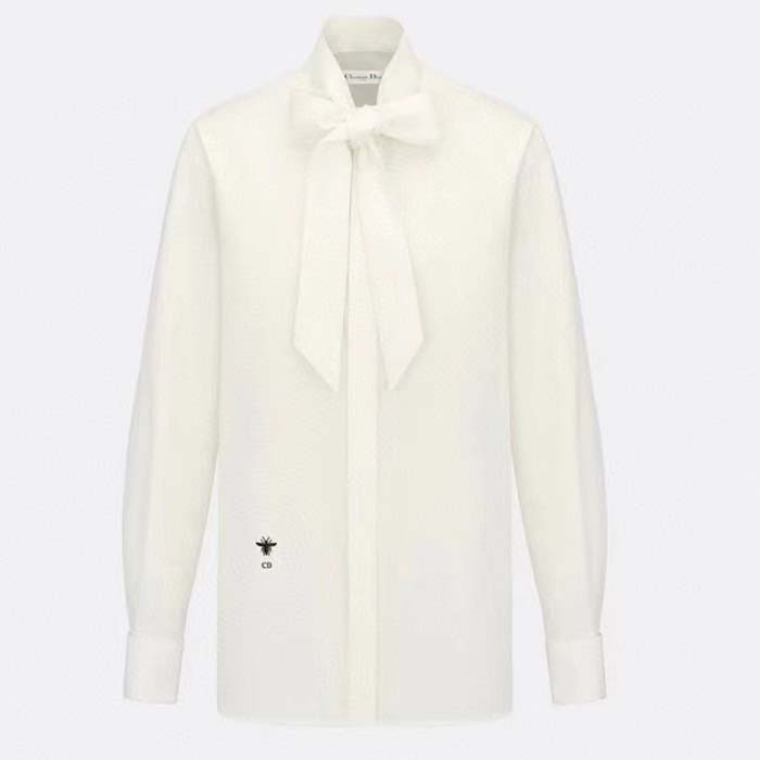 Dior Women CD Shirt Bow Collar White Cotton Silk Poplin