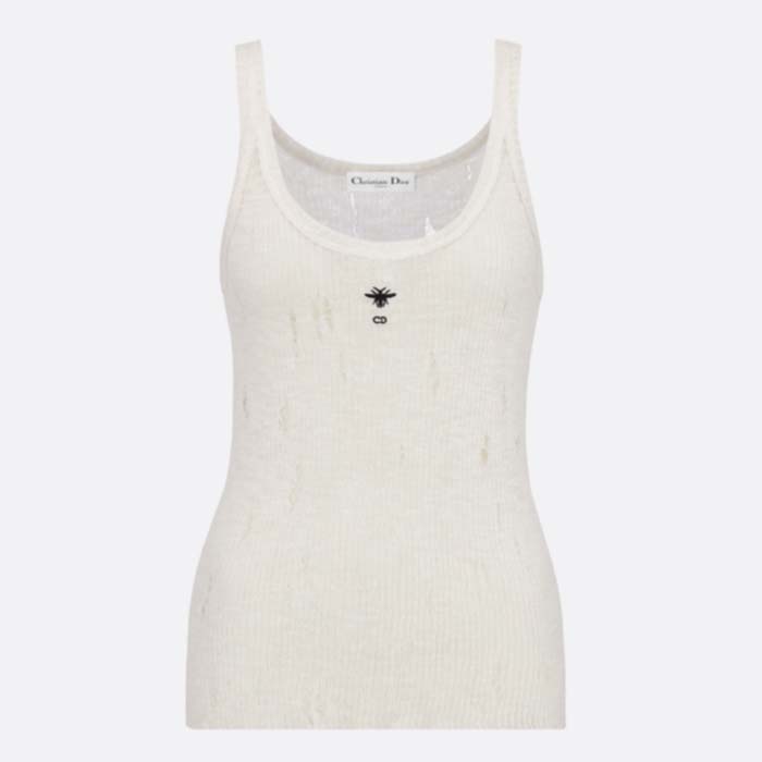 Dior Women CD Tank Top White Technical Linen Knit