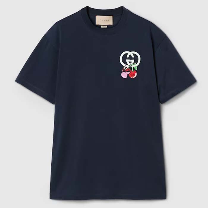 Gucci GG Women Cotton Jersey T-Shirt Patch Black Crewneck Short Sleeves