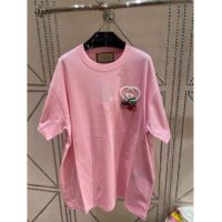 Gucci GG Women Cotton Jersey T-Shirt Patch Pink Crewneck Short Sleeves (4)