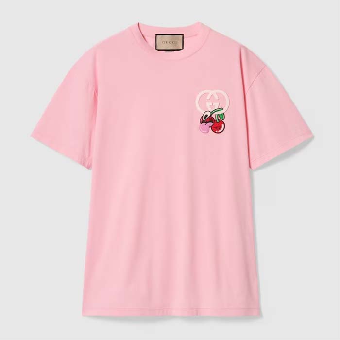 Gucci GG Women Cotton Jersey T-Shirt Patch Pink Crewneck Short Sleeves