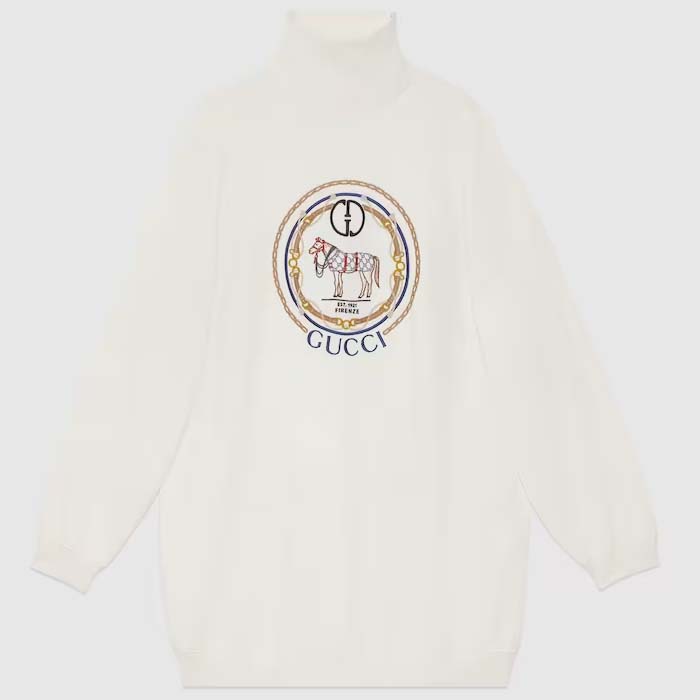 Gucci GG Women Jersey Sweatshirt Embroidery White Cotton Turtleneck Dropped Shoulder