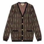 Cardigan Gucci GG da donna in jacquard con morsetto lamé marrone e scollo a V