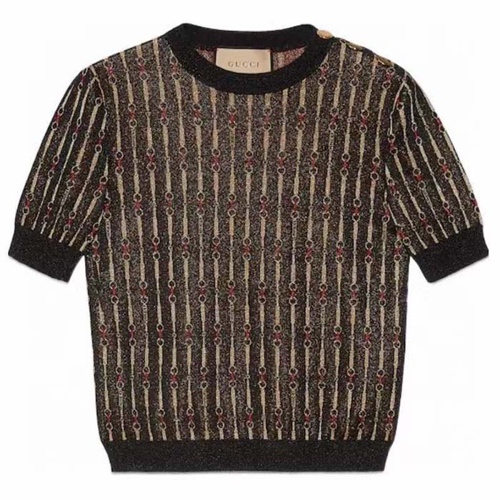 Gucci GG Women Lamé Horsebit Viscose Jacquard Top Crewneck Short Sleeves