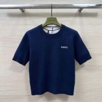 Gucci GG Women Wool Top Gucci Intarsia Navy Crewneck Short Sleeves (3)