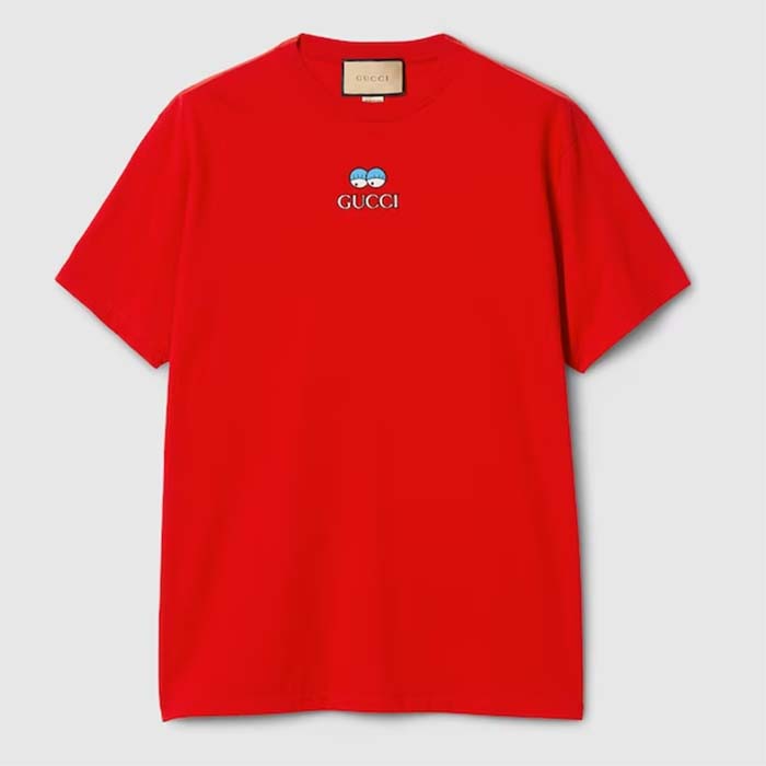 Gucci Men Cotton Jersey T-Shirt Embroidery Eyes Red Crewneck Short Sleeves