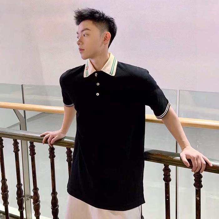 Gucci Men Cotton Piquet Polo Interlocking G Black Side Vents Short Sleeves