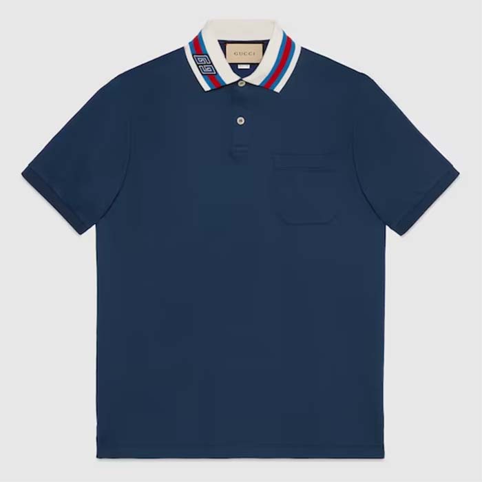 Gucci Men Cotton Piquet Polo Square GG Blue Collar Short Sleeves