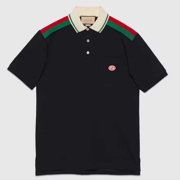 Gucci Men Cotton Polo Interlocking G Black Short Sleeves Regular Fit