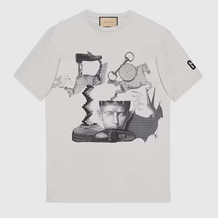 Gucci Men GG Cotton Jersey Printed T-Shirt Grey Crewneck Short Sleeves