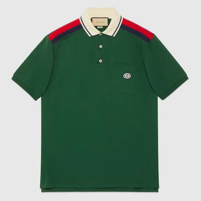 Gucci Men GG Cotton Polo Interlocking G Green Short Sleeves Chest Pocket