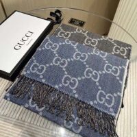 Gucci Unisex GG Jacquard Knit Scarf Tassels Grey Black Wool (4)