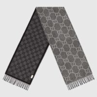 Gucci Unisex GG Jacquard Knit Scarf Tassels Grey Black Wool (4)