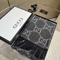 Gucci Unisex GG Jacquard Knit Scarf Tassels Grey Black Wool (4)