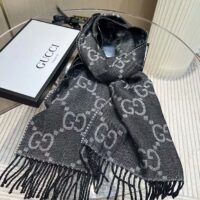 Gucci Unisex GG Jacquard Knit Scarf Tassels Grey Black Wool (4)