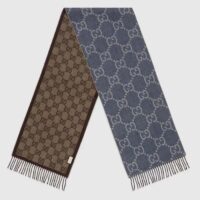 Gucci Unisex GG Jacquard Knit Scarf Tassels Navy Brown Wool (12)