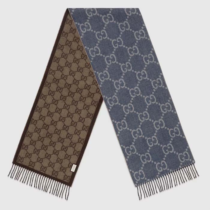 Gucci Unisex GG Jacquard Knit Scarf Tassels Navy Brown Wool