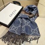 Gucci Unisex GG Jacquard Knit Scarf Tassels Navy Brown Wool - Image 4