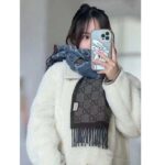 Gucci Unisex GG Jacquard Knit Scarf Tassels Navy Brown Wool - Image 10