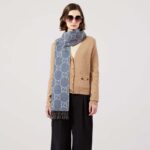 Gucci Unisex GG Jacquard Knit Scarf Tassels Navy Brown Wool - Image 11