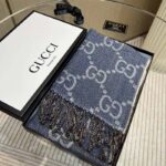 Gucci Unisex GG Jacquard Knit Scarf Tassels Navy Brown Wool - Image 6