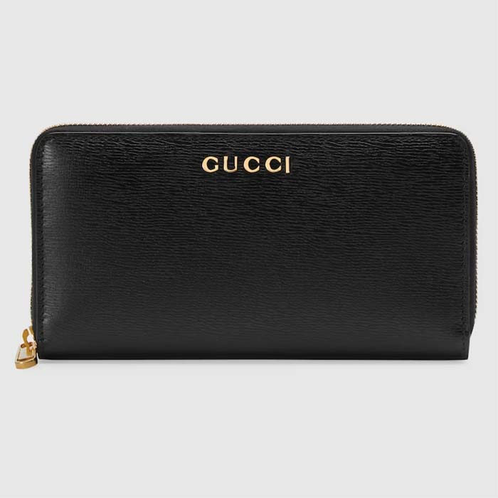 Gucci Unisex GG Zip Around Wallet Gucci Script Black Leather Taffeta