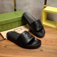 Gucci Unisex Slide Sandal Interlocking G Black Leather Flat (6)