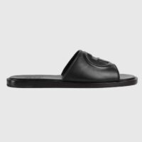 Gucci Unisex Slide Sandal Interlocking G Black Leather Flat (6)