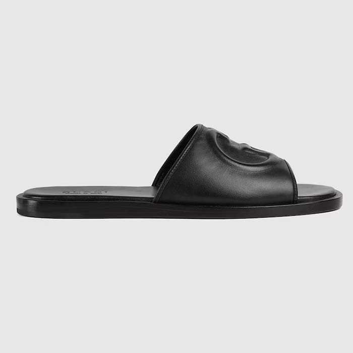 Gucci Unisex Slide Sandal Interlocking G Black Leather Flat