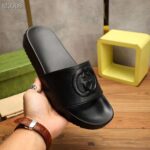 Gucci Unisex Slide Sandal Interlocking G Black Leather Flat – Bild 8