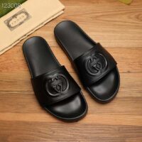 Gucci Unisex Slide Sandal Interlocking G Black Leather Flat (6)