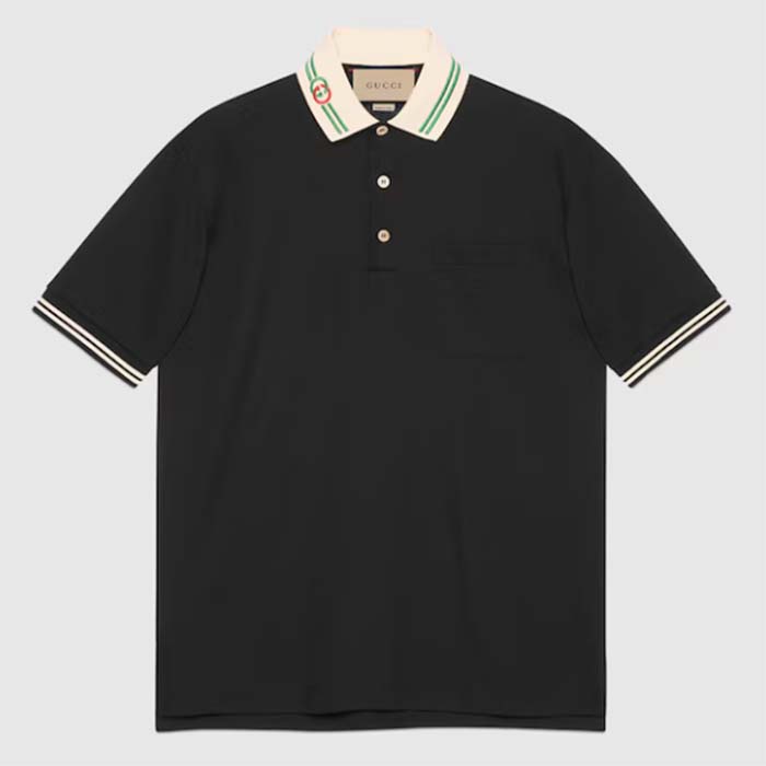 Gucci Women Cotton Piquet Polo Interlocking G Black Side Vents Short Sleeves