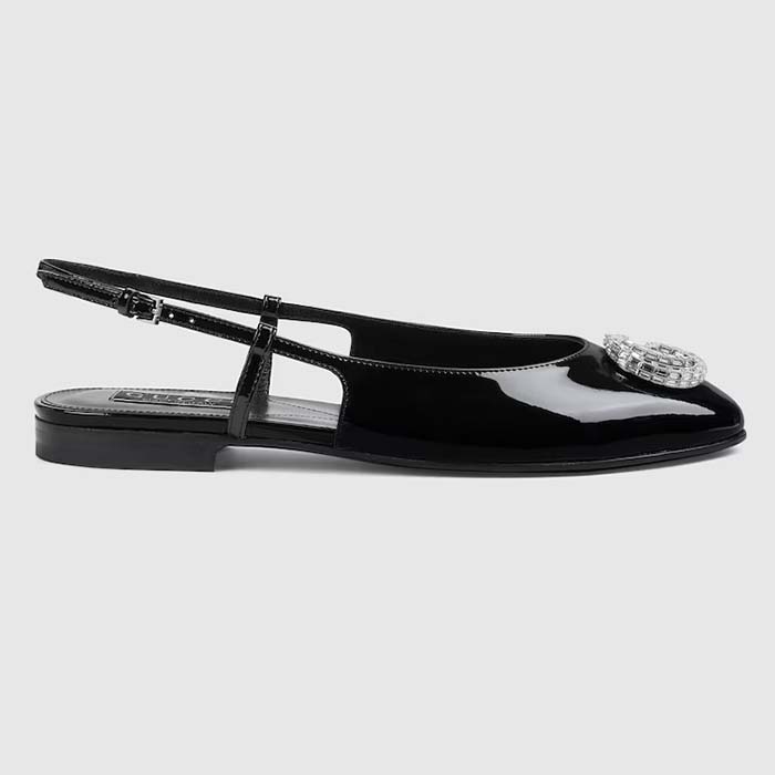 Gucci Women GG Ballerina Double G Black Patent Leather Crystals Flat