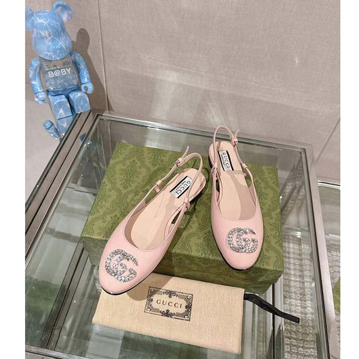 Gucci Women GG Ballerina Double G Pink Patent Leather Crystals Flat