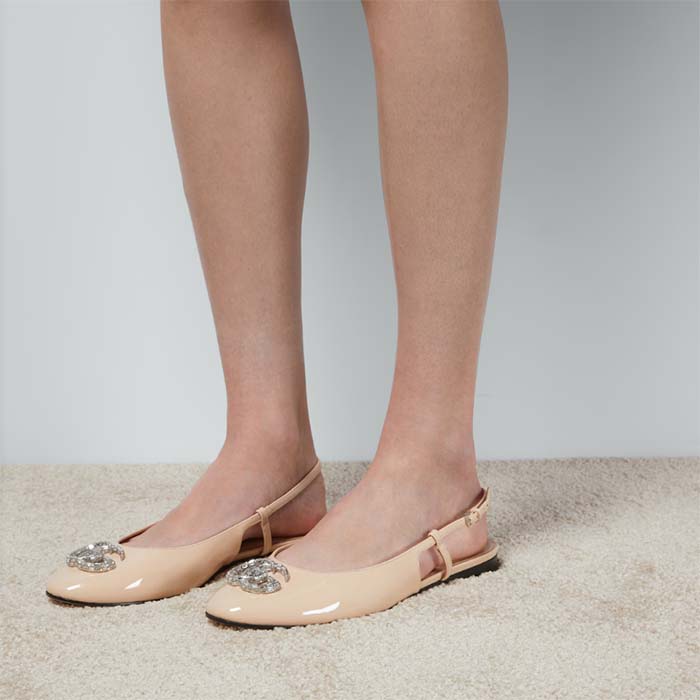 Gucci Women GG Ballerina Double G Pink Patent Leather Crystals Flat