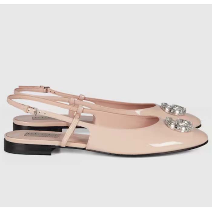 Gucci Women GG Ballerina Double G Pink Patent Leather Crystals Flat