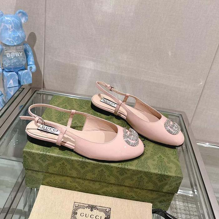 Gucci Women GG Ballerina Double G Pink Patent Leather Crystals Flat