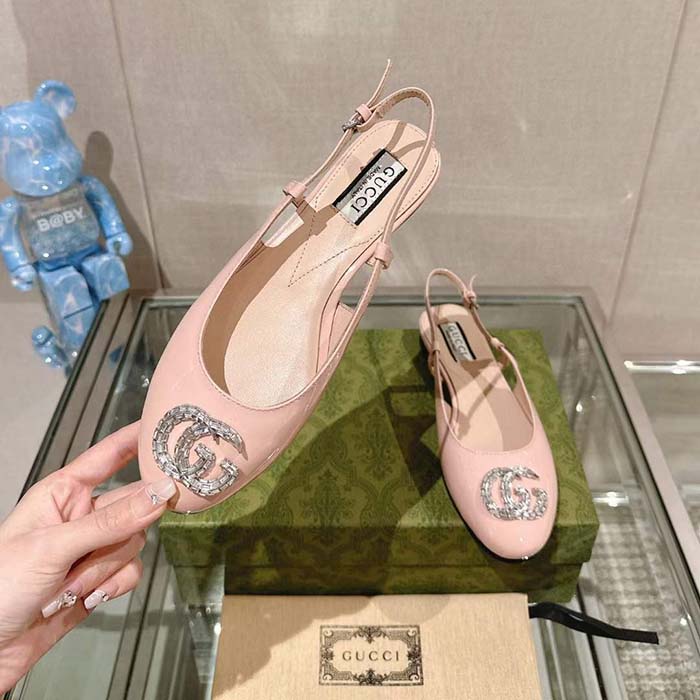 Gucci Women GG Ballerina Double G Pink Patent Leather Crystals Flat