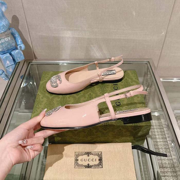 Gucci Women GG Ballerina Double G Pink Patent Leather Crystals Flat