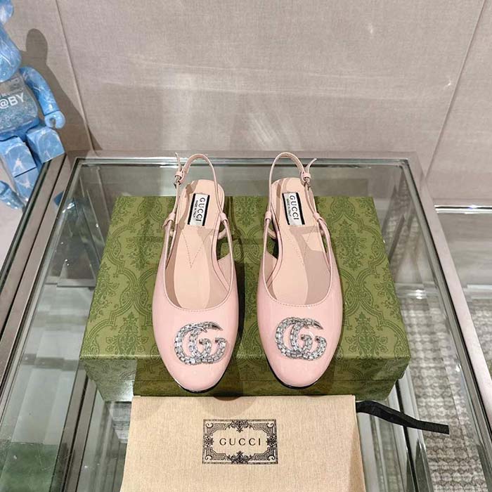 Gucci Women GG Ballerina Double G Pink Patent Leather Crystals Flat