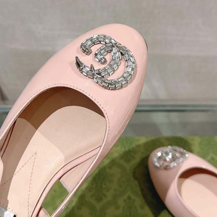 Gucci Women GG Ballerina Double G Pink Patent Leather Crystals Flat