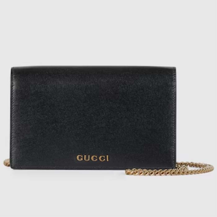 Gucci Women GG Chain Wallet Gucci Script Black Leather Taffeta Lining