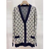 Gucci Women GG Cotton Jacquard Cardigan V-Neck Two Front Pockets (7)