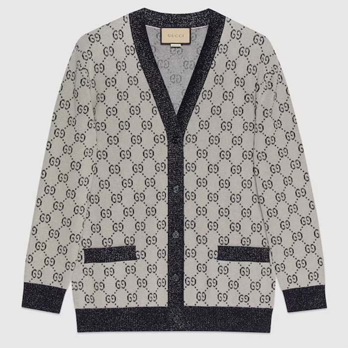 Gucci Women GG Cotton Jacquard Cardigan V-Neck Two Front Pockets
