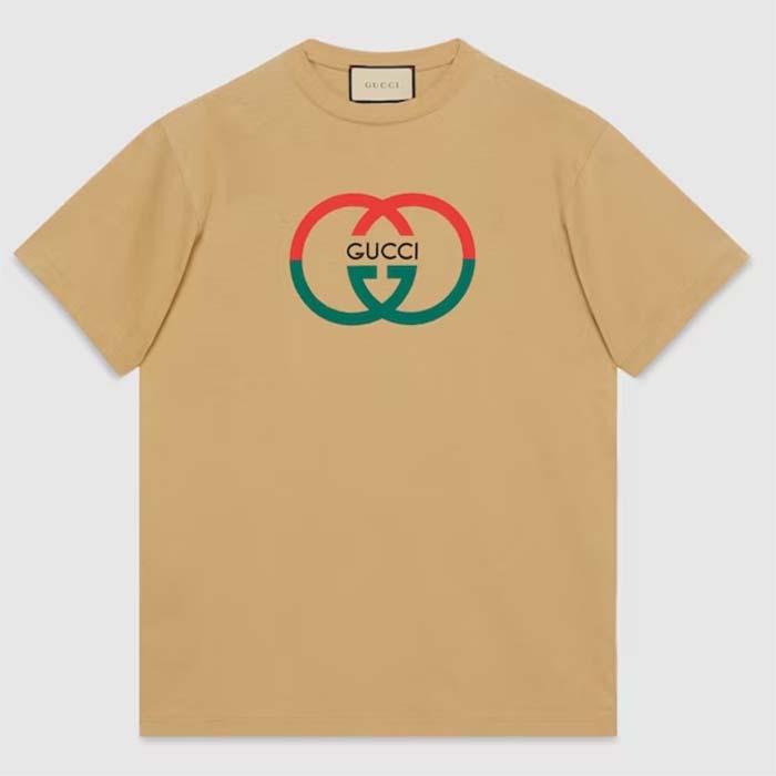 Gucci Men GG Cotton Jersey Printed T-Shirt Camel Crewneck Short Sleeves