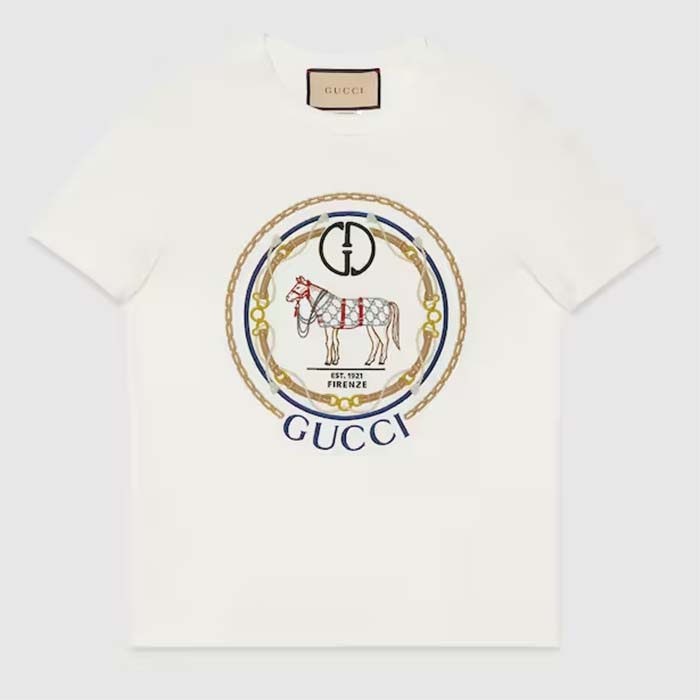 Gucci Women GG Cotton Jersey T-Shirt Interlocking G Crystal Crewneck