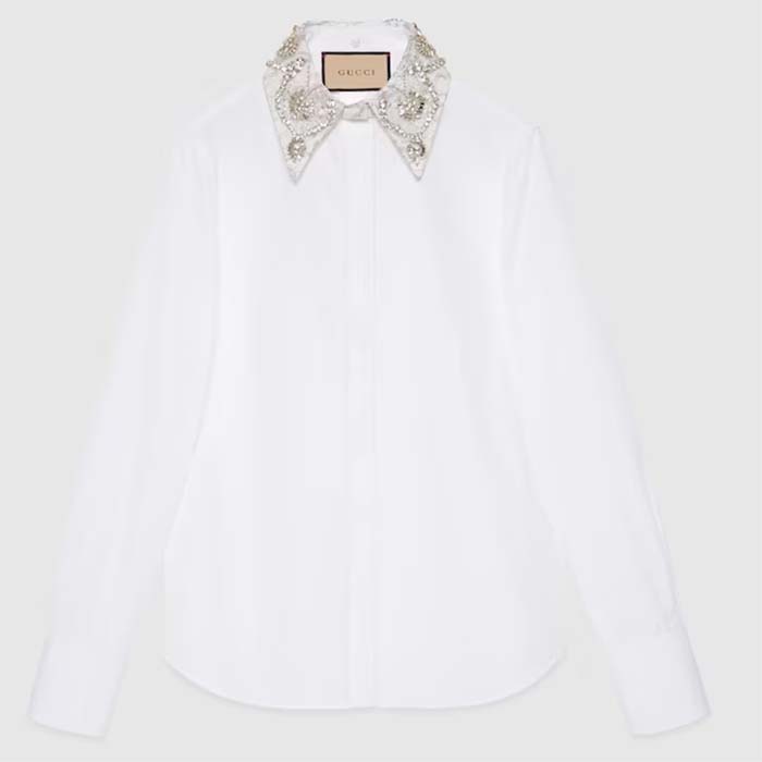 Gucci Women GG Cotton Poplin Shirt Embroidery Long Sleeves Concealed Placket