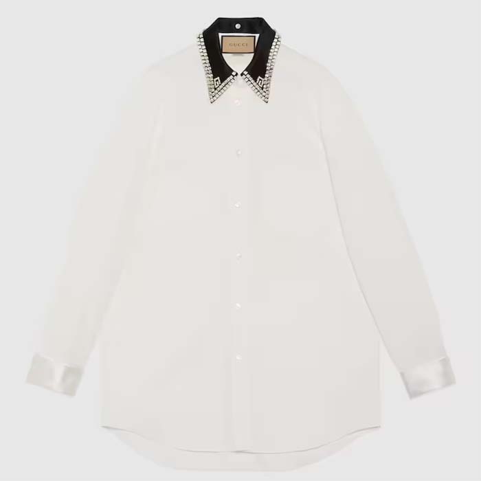 Gucci Women GG Cotton Shirt Detachable Collar White Poplin Long Sleeves
