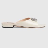 Gucci Women GG Double G Slide Sandal Ivory Patent Leather Crystals Flat (10)