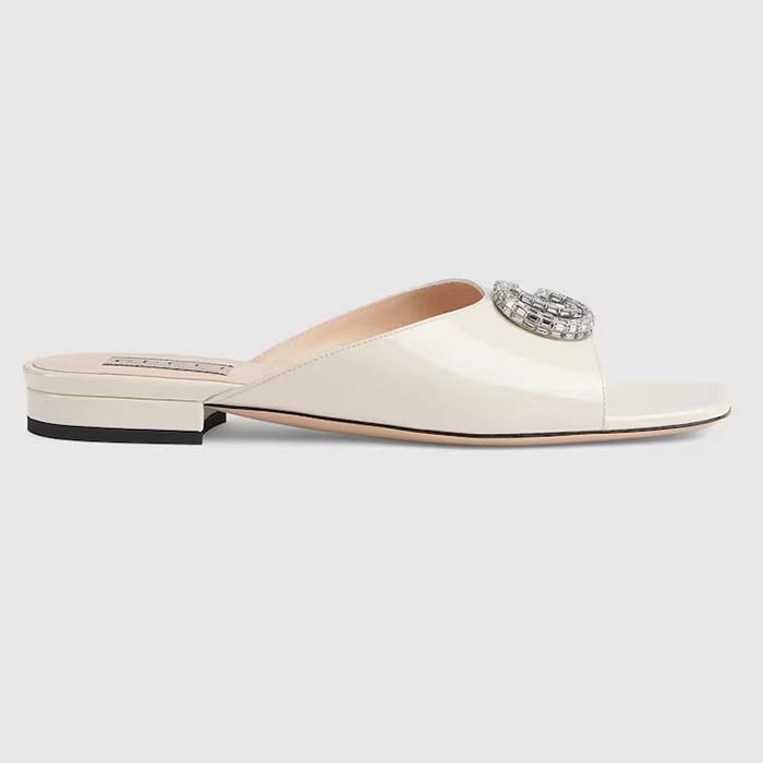 Gucci Women GG Double G Slide Sandal Ivory Patent Leather Crystals Flat